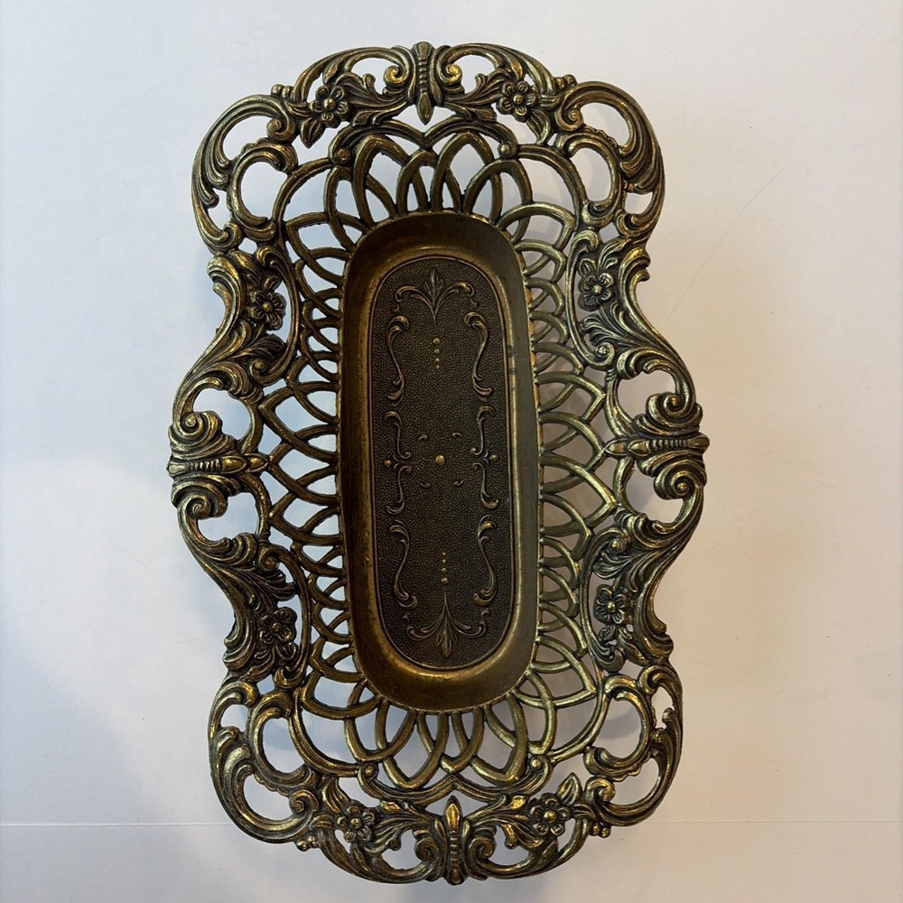 Vintage Italian Ornate Gilt Brass Pierced Footed Vanity Dresser Tray Made Italy